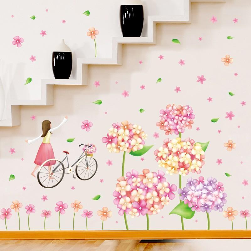 XL8215 cute flowers bicycle girl wall stickers for kids rooms nursery baby bedroom children art wall decals home decorations
