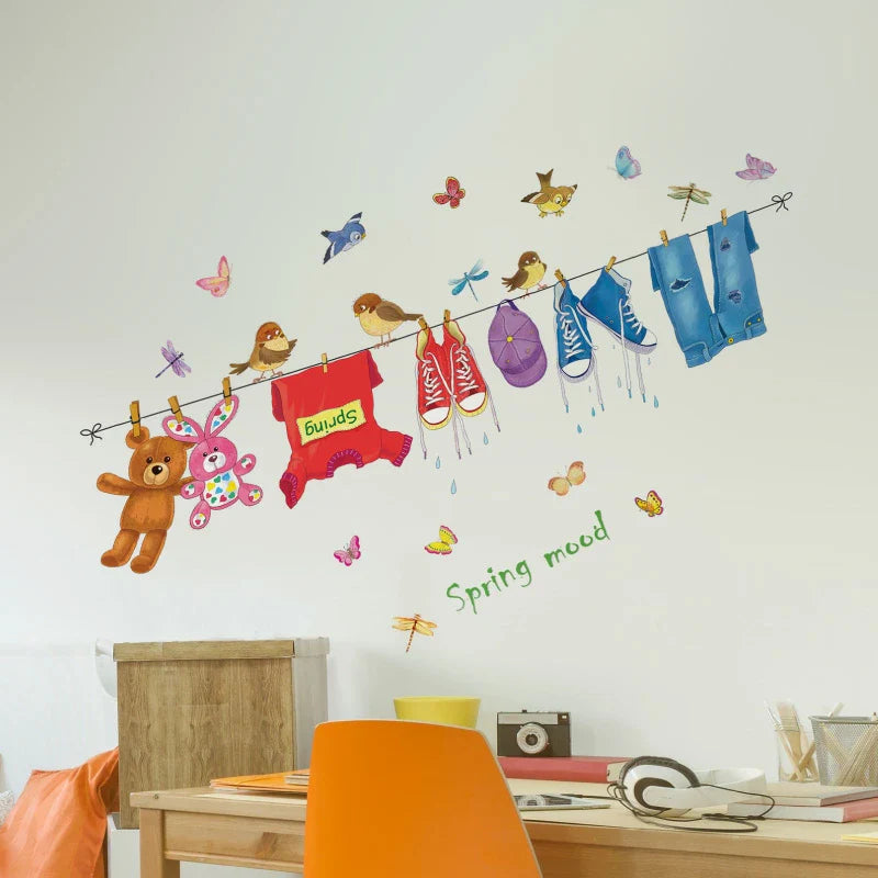 Wall Sticker ABC-1063 Hanging Clothes Shoes Toys Wall Paper For Kids Room Colorful Birds And Butterflies