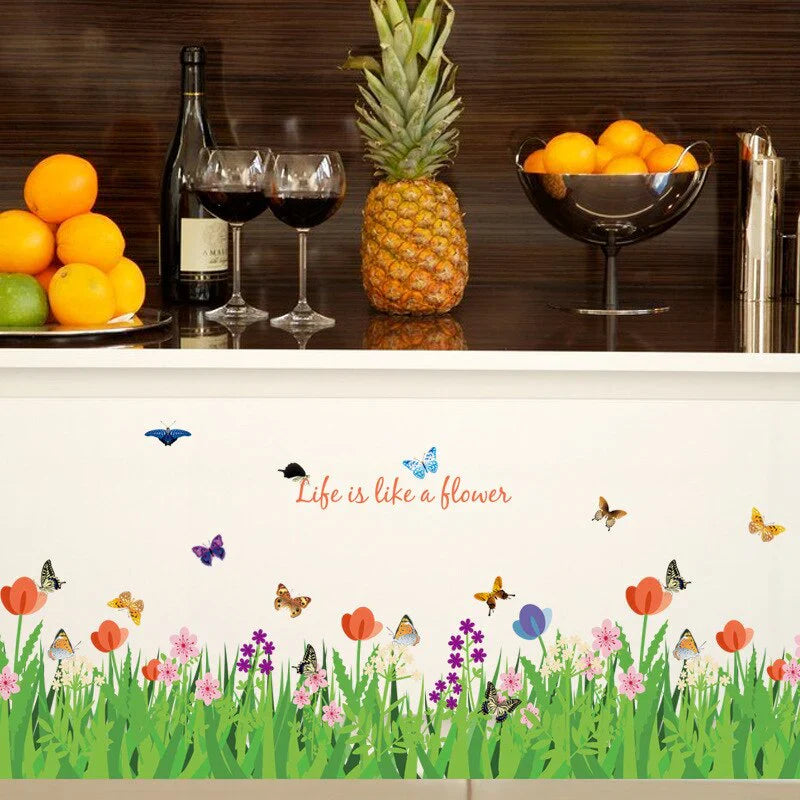 Green Grass Flowers Butterflies Wall Corner Decals Living Room Bedroom Baseboard Skirting Line Wall Stickers Art stiker dinding Wallsticker decalmile SK9057 Size: 30x 90cm