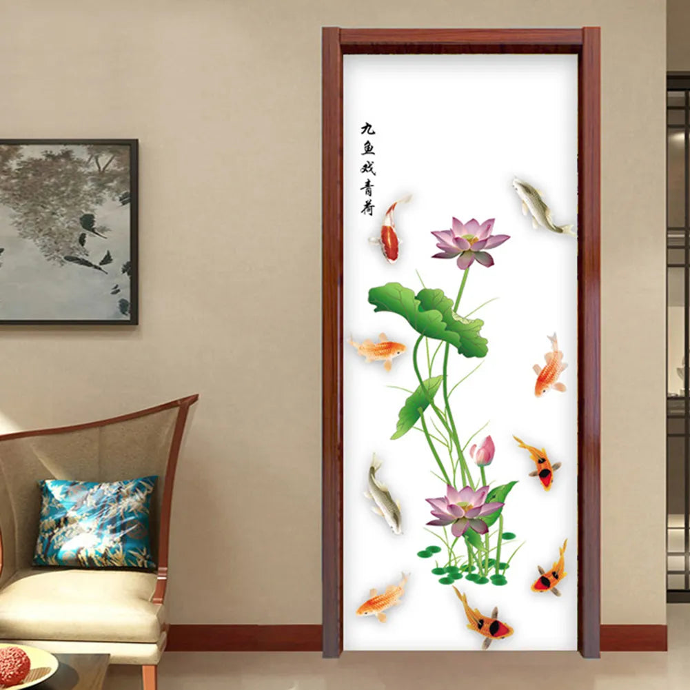 feng shui fish carp lotus flowers Wall decal High quality printed wall sticker with glue on the back of the fish pond and lotus pattern GS9438 Size: 60x90cm