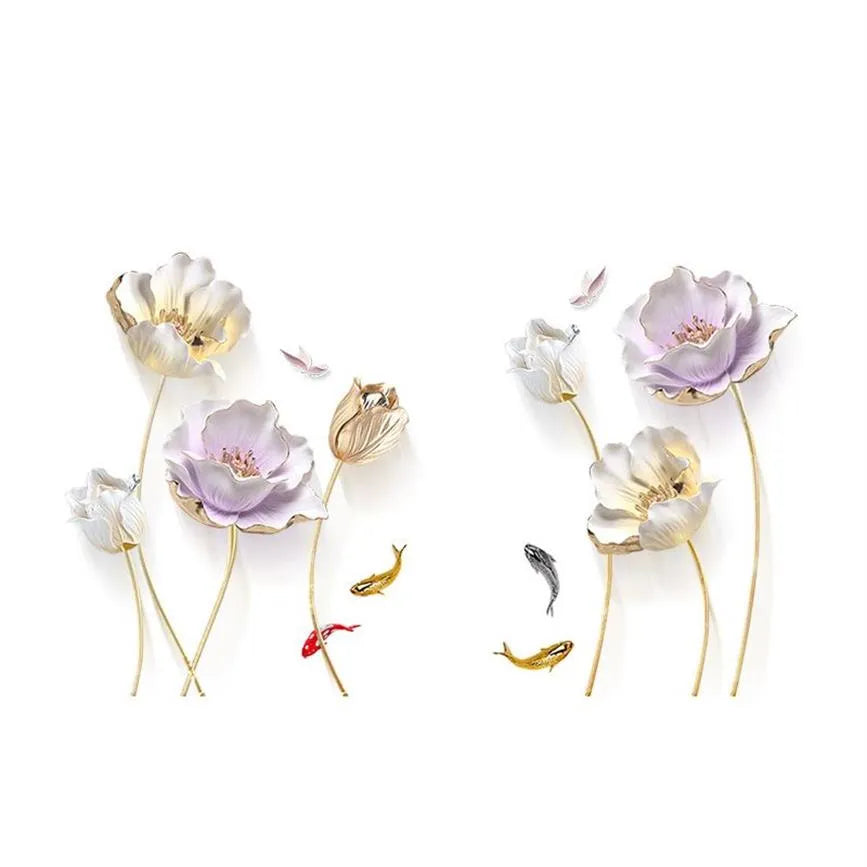 Runtoo 3D Flower Wall Stickers Gold Lotus Floral Wall Art Decals for Living Room Bedroom TV Background Wall Decor GS9720 Size: 60x90cm