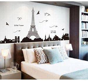 Wall Stickers City Skyline Paris Eiffel Tower Silhouette Black Color Border Design for Hall