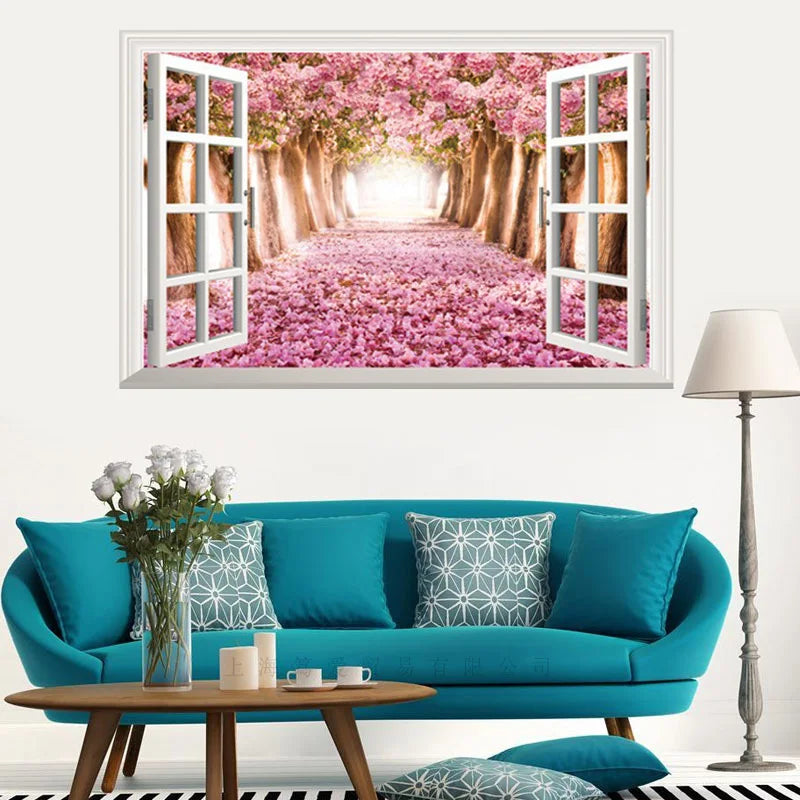 3D Cherry Blossoms Floral Tree Scenery Window Wall Stickers xh0999
