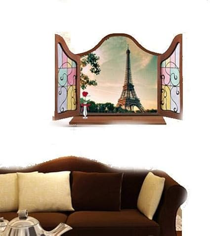 MJ8017cw Generic 3D Window Eiffel Tower Pattern PVC Wall Sticker Paper Mural Ornament 90 x 60cm