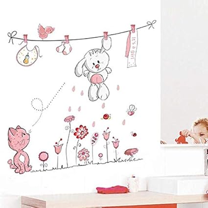 Pink Rabbit Animal Wall Stickers For Kids Rooms Children Baby Nursery Rooms Home Decor Living Room Vinyl Adhesive Wallpaper Bedroom Tile Decor