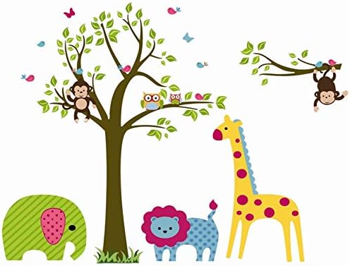 Rebate Fan Big Colorful Tree and Jungle Animal Wall Sticker Nursery Bedroom Wall Art Decor Cute Giraffe Monkey Owl Tree Art Wall Stickers Kids Room Removable Decal Baby Bedroom Wall Art by Df5071