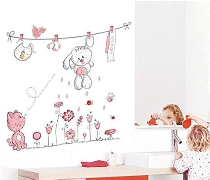 Pink Rabbit Animal Wall Stickers For Kids Rooms Children Baby Nursery Rooms Home Decor Living Room Vinyl Adhesive Wallpaper Bedroom Tile Decor