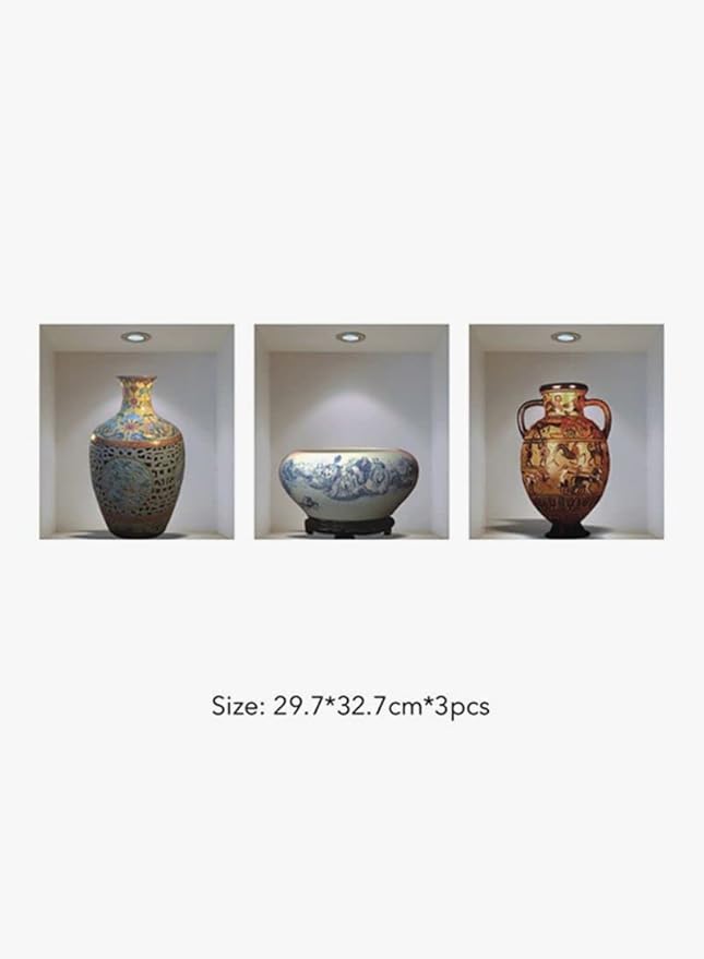 pack of 3 3D Simulation Ceramic Vase Wall Stickers Living Room Bedroom Decoration Sticker PVC Material Self-adhesive Environmental Protection Removable Decor Wallpaper