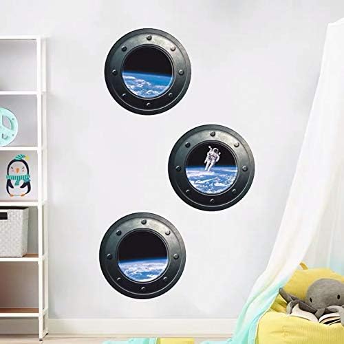 DNVEN 13 inches x 13 inches x 3pcs Set of 3 3D Astronaut Spaceman Galaxy Space Window View Faux Submarine Window Partial Frosted Frosting Murals Wall Decals Removable Wall Stickers for Bedrooms