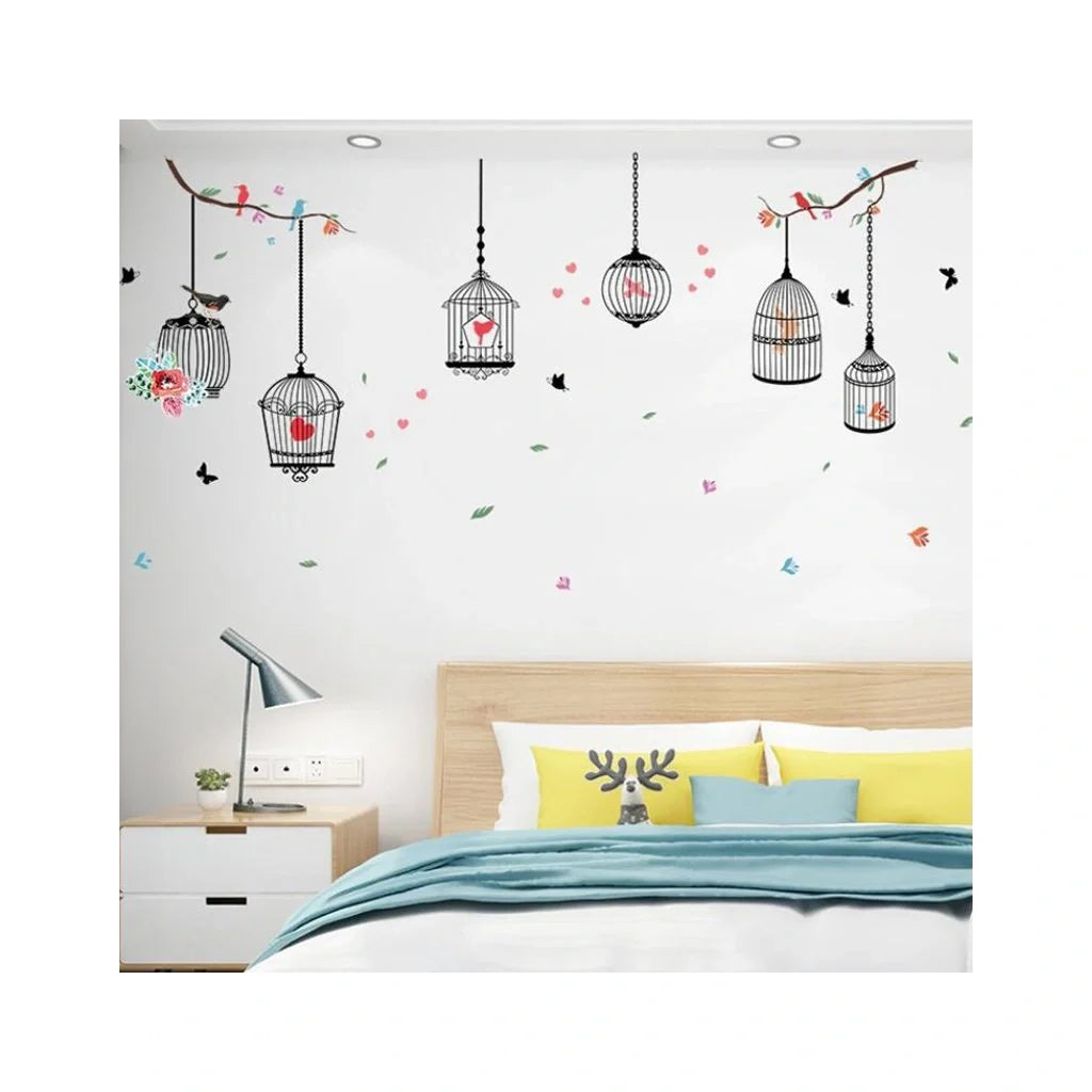 PG888 Girl's Walls Sticked with Bird Cages under Street Lamps and Loving Elk Composite Decoration Stickers