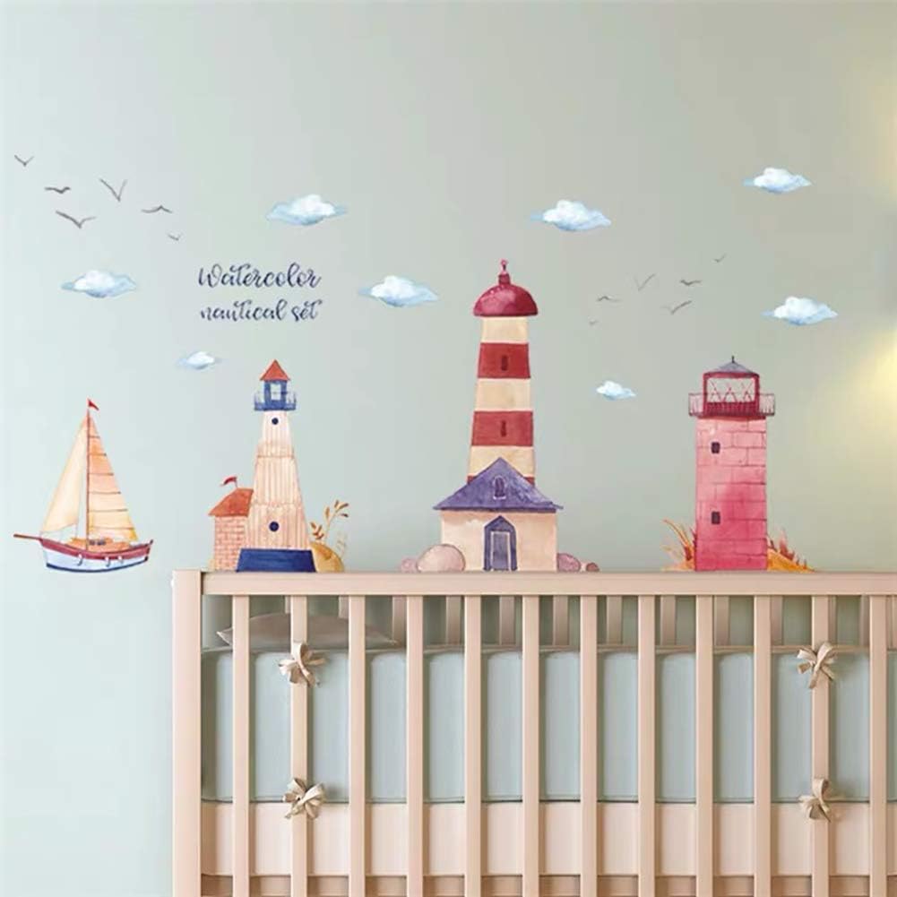 HM92019 Watercolor Lighthouse Wall Stickers Sailing Clouds Wall Sticker