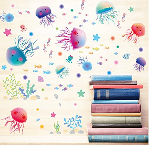 Adam Victor Removable Creative 3D Fun Fish Jellyfish Underwater World Wall Decals Kids Room Wall Decorations Art Décor Stickers Nursery Décor 3D DIY PVC Art Decal Bedroom Bathroom Sticker Xl3042 Size:18x12