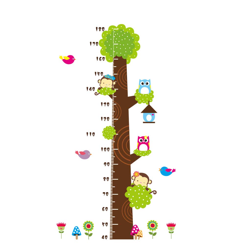 Simoshaw Height Measurement Growth Chart Tree Cute Monkey and Owls Wall Vinly Decal Decor Sticker