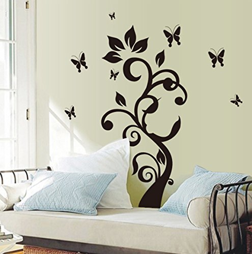 Black Leaves Flower Vine Butterflies Wall Decal Home Sticker ouse DecoratHion WallPaper Removable Living Dinning Room Bedroom Kitchen Art Picture Murals DIY Stick Girls Boys kids Nursery Baby Playroom Decoration