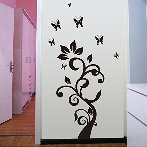 Black Leaves Flower Vine Butterflies Wall Decal Home Sticker ouse DecoratHion WallPaper Removable Living Dinning Room Bedroom Kitchen Art Picture Murals DIY Stick Girls Boys kids Nursery Baby Playroom Decoration