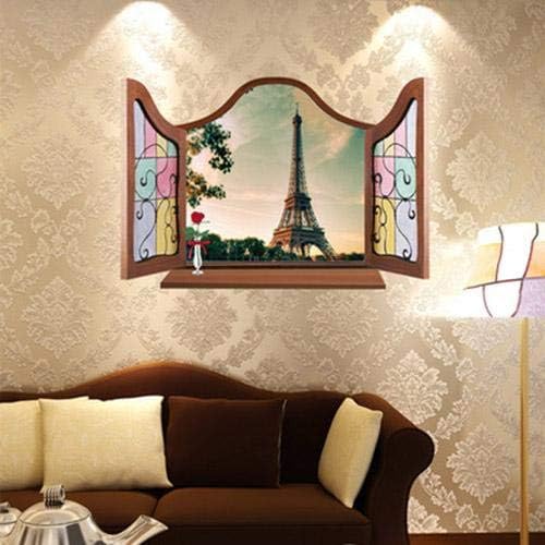 MJ8017cw Generic 3D Window Eiffel Tower Pattern PVC Wall Sticker Paper Mural Ornament 90 x 60cm