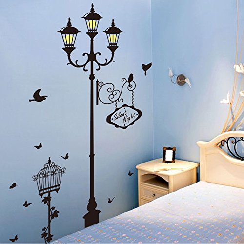 Wallpark Leise Nacht Thema - Europäisch Stil Straße Licht Lampe Vogel Schmetterling Abnehmbare Wandsticker Wandtattoo, Wohnzimmer Schlafzimmer Haus Dekoration Klebstoff DIY Kunst Wandaufkleber