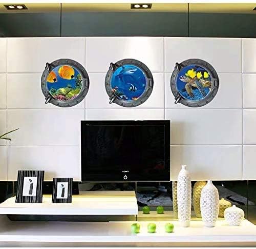 DNVEN Porthole Wall Decals Tropical Fishes Stickers 3D Under the Sea Ocean World Shark Sea Turtles Window View Faux Submarine Removable Murals for Bedrooms Boys Room Decor 13 inches x 13 inches x 3pcs