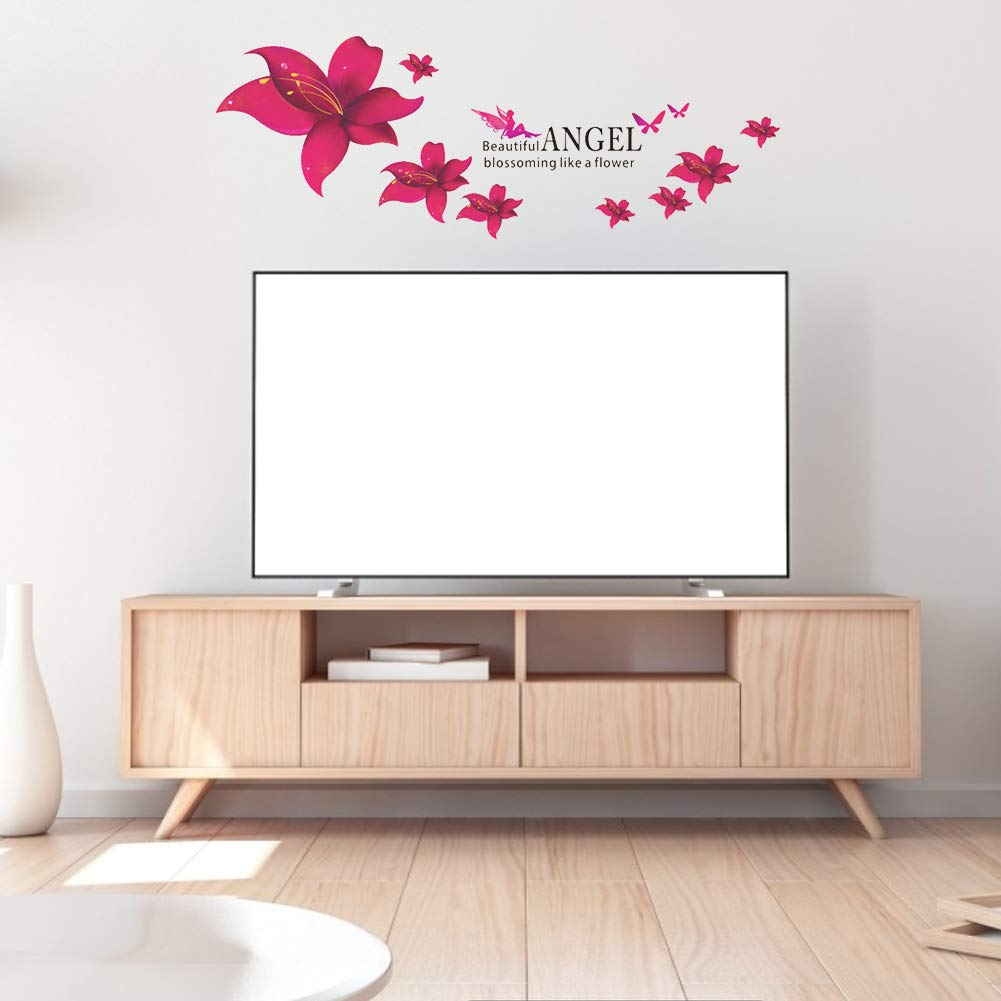 Ay647 Ubersweet® 3 Pieces Red Wall Sticker, Lily Flower Pattern Wall Decal, Removable Wall Sticker