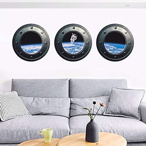 DNVEN 13 inches x 13 inches x 3pcs Set of 3 3D Astronaut Spaceman Galaxy Space Window View Faux Submarine Window Partial Frosted Frosting Murals Wall Decals Removable Wall Stickers for Bedrooms