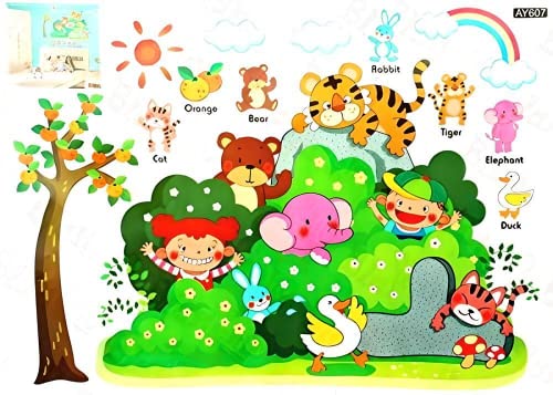 JAAMSO Royals Combo Pack of 2 Style Wall Sticker | Tiger Bear Cat Cartoon Design (60 CM X 45 CM) | Winnie The Pooh Design (70 CM X 50 CM) | Vinyl Home Décor Wall Sticker