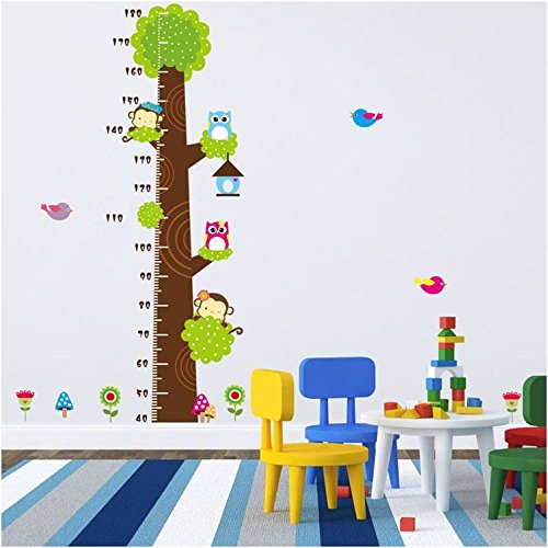 Simoshaw Height Measurement Growth Chart Tree Cute Monkey and Owls Wall Vinly Decal Decor Sticker