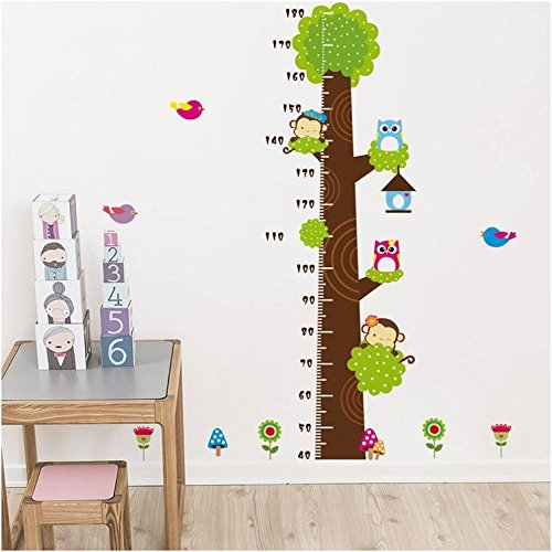 Simoshaw Height Measurement Growth Chart Tree Cute Monkey and Owls Wall Vinly Decal Decor Sticker