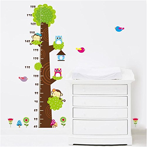 Simoshaw Height Measurement Growth Chart Tree Cute Monkey and Owls Wall Vinly Decal Decor Sticker