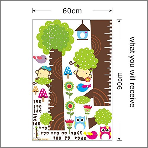 Simoshaw Height Measurement Growth Chart Tree Cute Monkey and Owls Wall Vinly Decal Decor Sticker