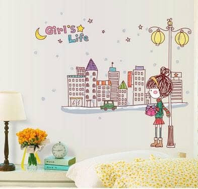 AY7123 Generic City Girl Street Lamp Pattern Removable Wall Sticker