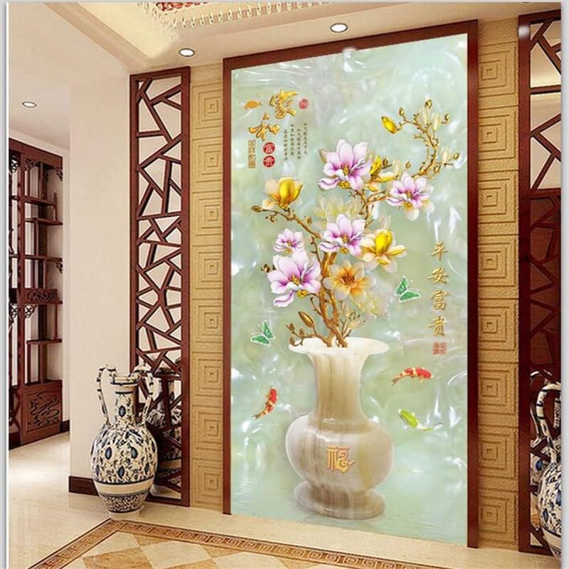 Kitchen Wall Decor Safe and Wealthy Vase Jade Carved for Living Room Bedrooms Tv Background 3D Wall Art Decoration Modern Design GS9666 Size: 60X90cm
