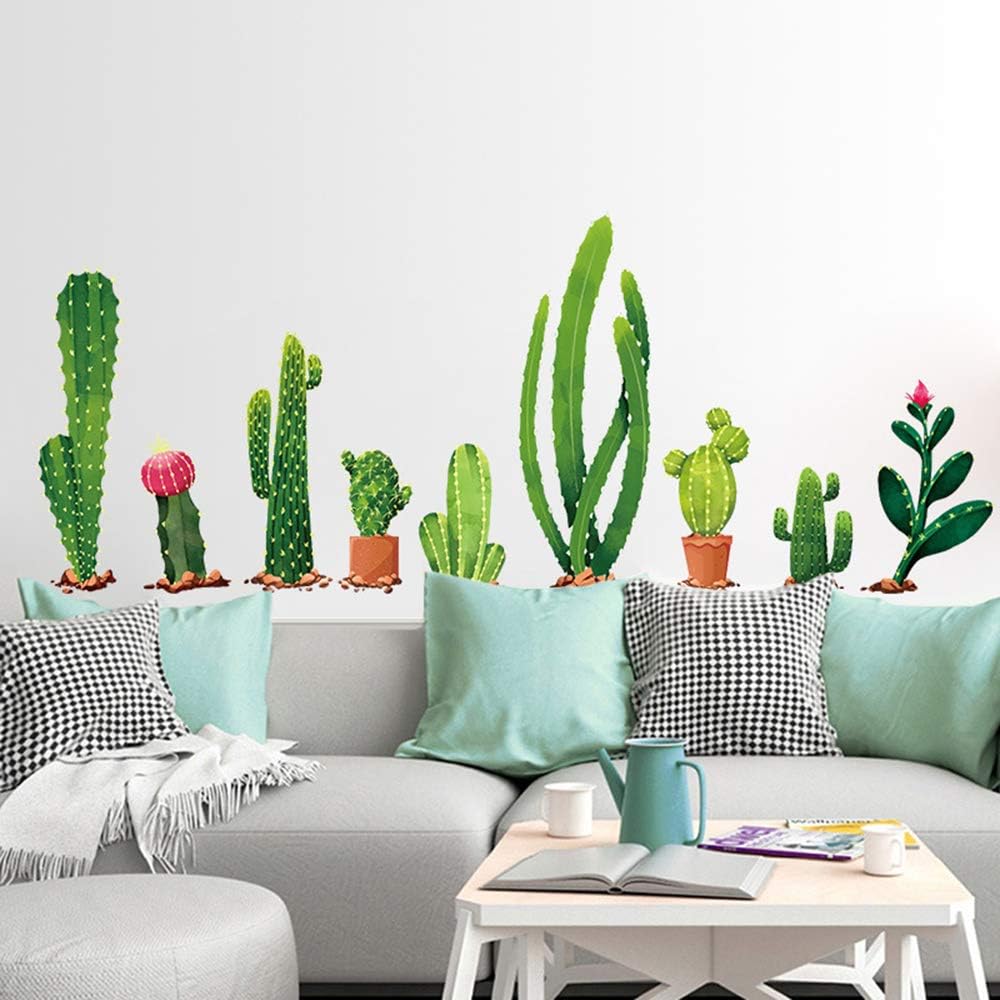 Xh9312 Green Cactus Potted Plant Wall Decal, Nature Tropical Leaf Wall Sticker for Kids, DILIBRA Removable DIY Art Murals Wall Decor for Bedroom Living Room Nursery Bathroom Home Decoration