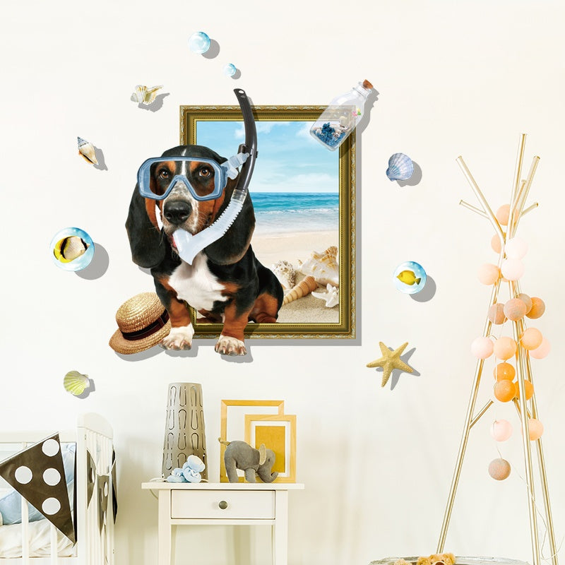 Miico Creative Cartoon Summer Diving Dog Frame PVC Removable Home Room Decorative Wall Floor Decor Sticker Xl8313