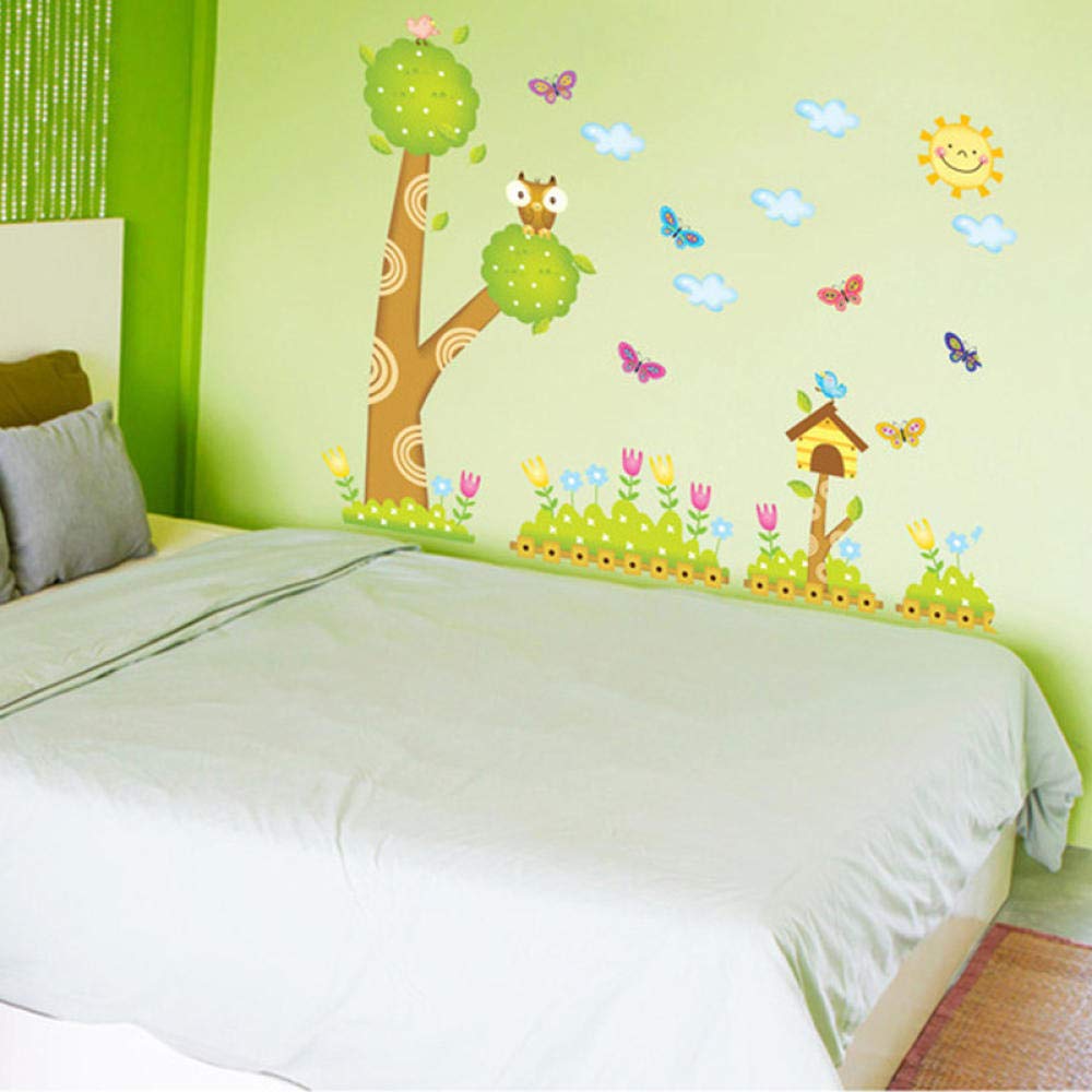Cartoon Home Decor Wall Sticker Kids Baby Room Pastoral Style Trees Owl Cage Fence Abc1016