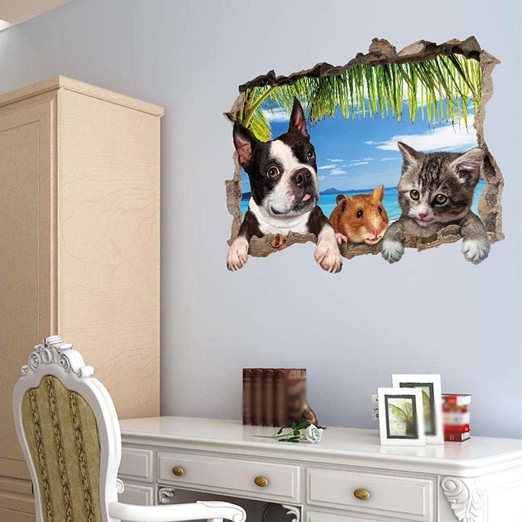Sk7150 Chinese Sticker Cute Cartoon Animal 3D Wall Stickers for Boys and Girls Bedroom, Creative Cat, Dog and Hamster Background Wall Decoration, Self-Adhesive Mural Stickers
