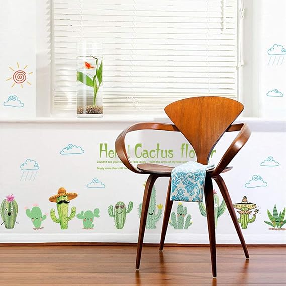 Tree Leaves Flowers Birds Wall Stickers Removable Wallpaper Home Decor PVC Art Mural Baby Boys Girls Kids Bedroom Room Window Decal (Hello Cactus Flower)