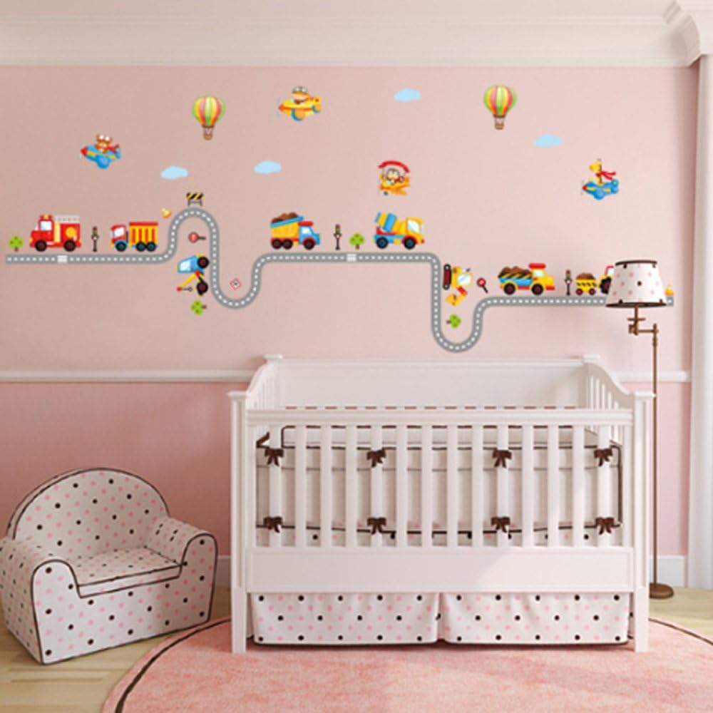 Cartoon Car Road Wall Stickers Removable Wall Decals Home Decor PVC Art Mural Baby Boys Girls Kids Bedroom Kitchen Decoration Wall Stickers Posters