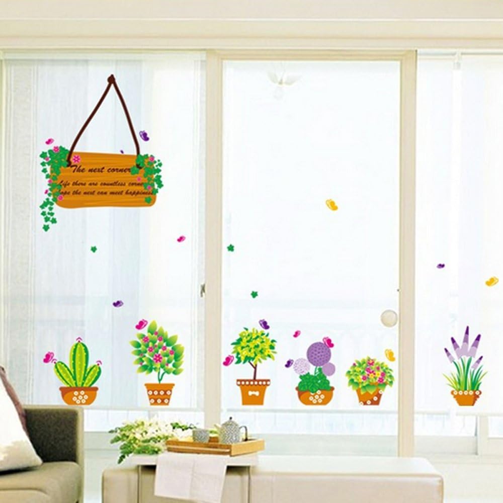 MJ7031 BEST OF BEST Flower Cactus Plant Potted Wall Sticker Home Decal Removable PVC Murals Wallpaper Girls Boys Kids Baby Nursery Bedroom Living Room Bathroom Kitchen Window