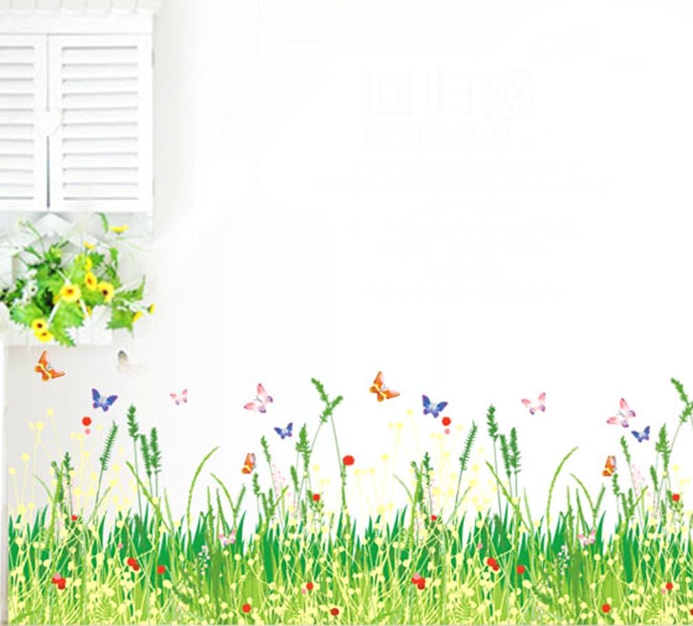 BIBITIME Plants Grass Flowers Border Wall Decal Flying Butterfly Vinyl Sticker for Living Room Skirting line Kitchen Bathroom Window Glass Door Kids Room