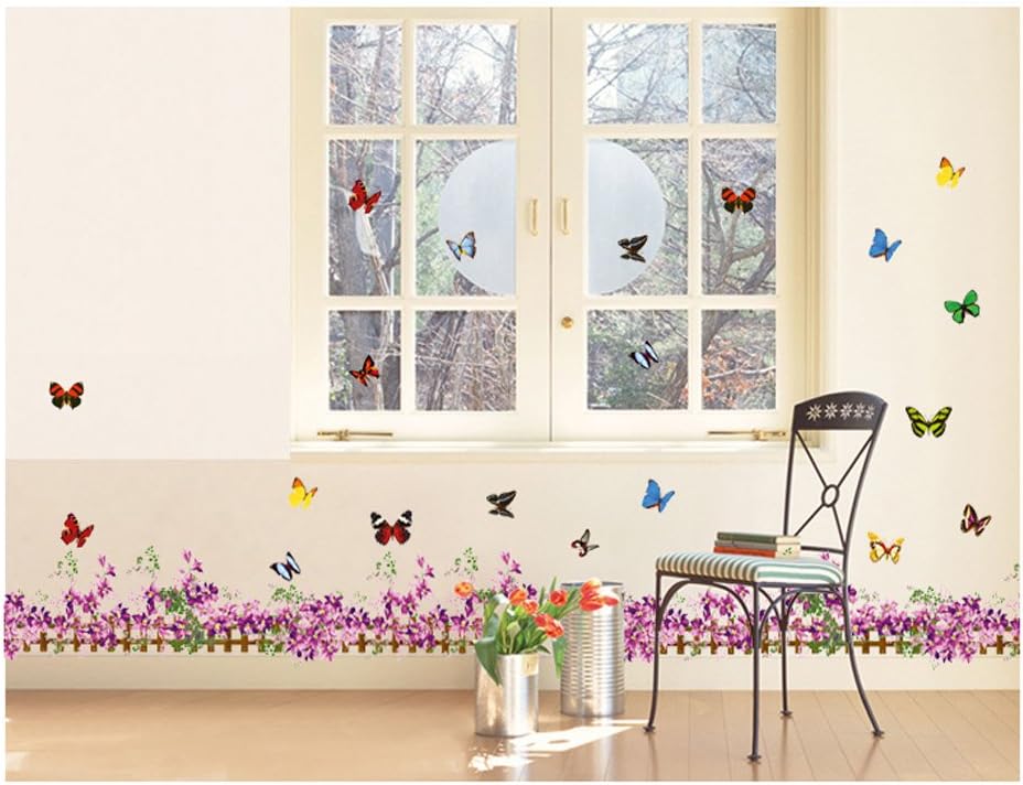 XY8068 Unique vinyl wall stickers for rooms, murals, decals, tattoos, transfers for skirting boards with delicate butterflies and purple flowers designs by VAGA