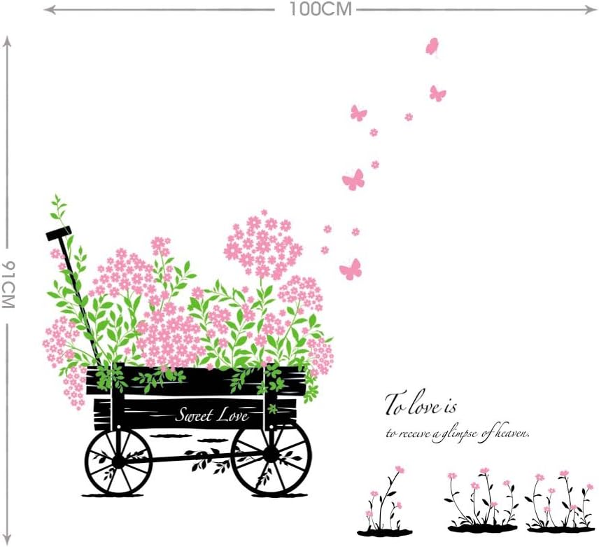 Ay705 Gardens Theme Adhesive Rooms Walls Vinyl DIY Stickers / Murals / Decals / Tattoos / Transfers With Wheelbarrow And Pink Flowers By VAGA