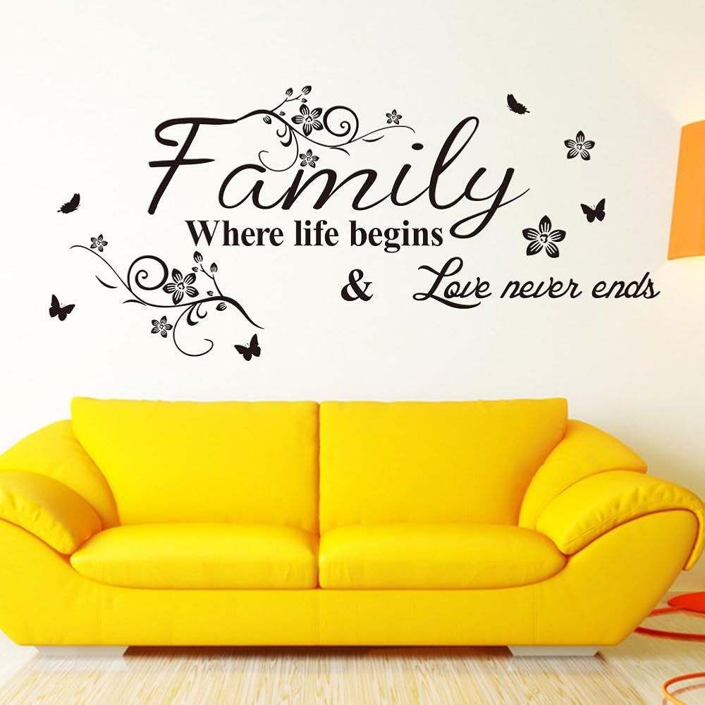 Family Where Life Begins Love Never Ends with Flowers and Butterfly Vinyl Removable Wall Quote Sticker Decal (Black)