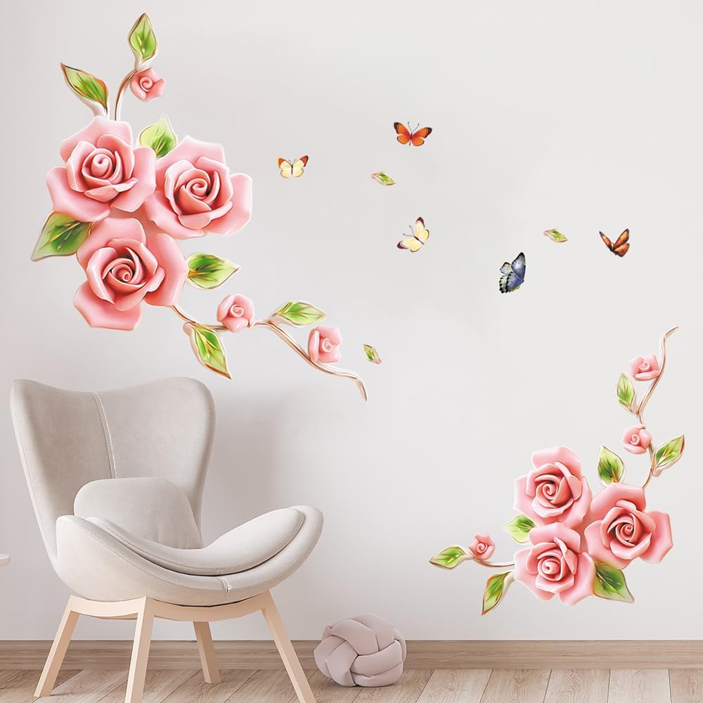 XXL Roses Pink Rose Flowers Wall Sticker Mural Pictures Floral Butterfly Wall Art Decor for Living Room Bedroom Sofa Decoration GS9602 Size: 60x90cm
