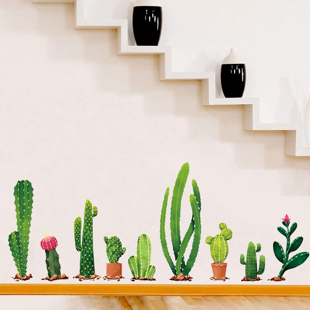 Xh9312 Green Cactus Potted Plant Wall Decal, Nature Tropical Leaf Wall Sticker for Kids, DILIBRA Removable DIY Art Murals Wall Decor for Bedroom Living Room Nursery Bathroom Home Decoration