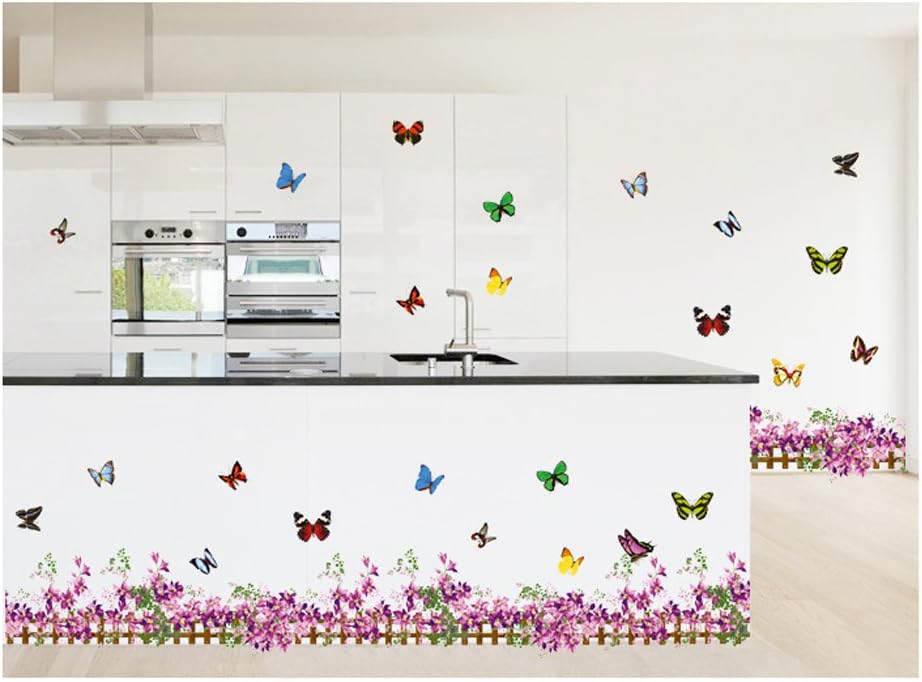 XY8068 Unique vinyl wall stickers for rooms, murals, decals, tattoos, transfers for skirting boards with delicate butterflies and purple flowers designs by VAGA