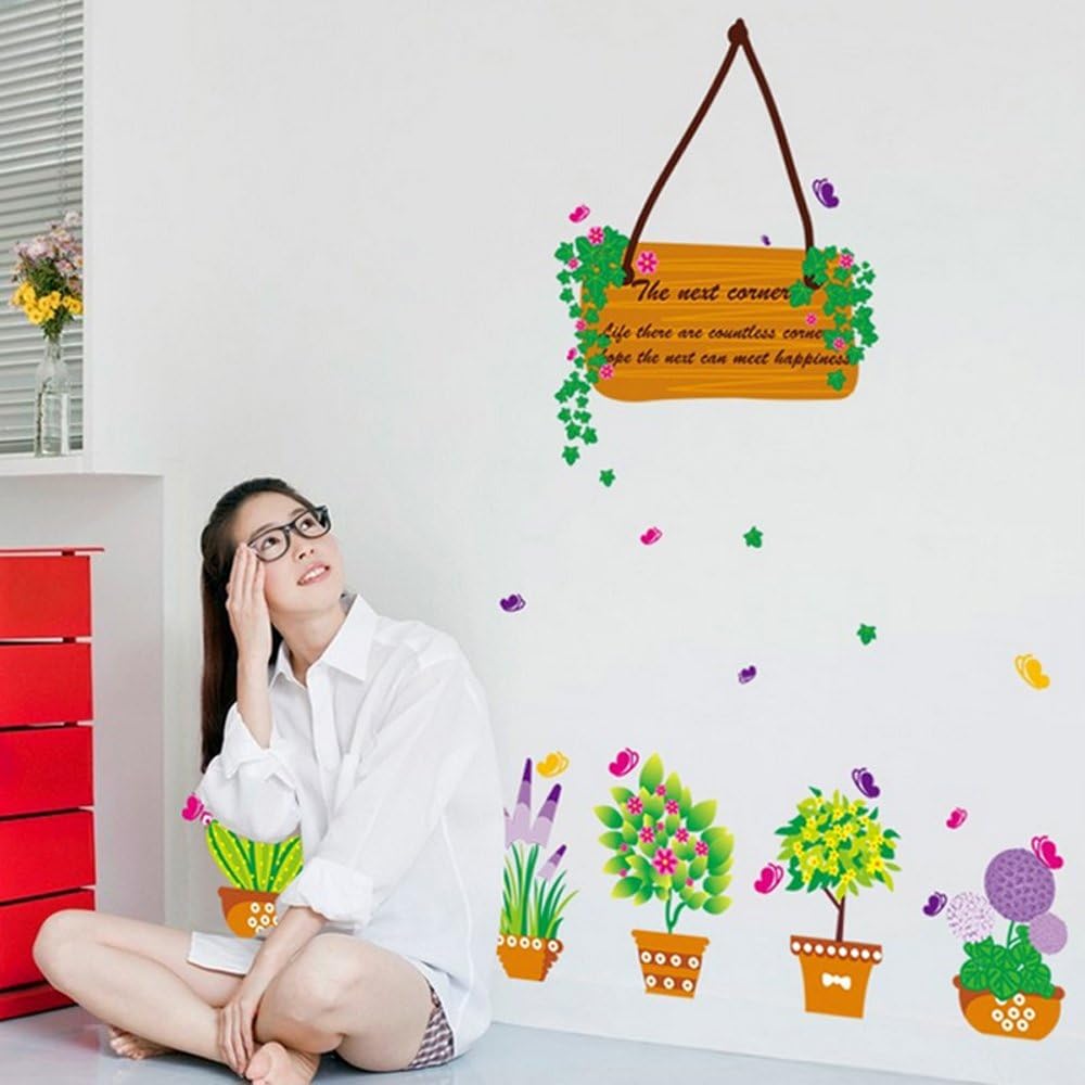 MJ7031 BEST OF BEST Flower Cactus Plant Potted Wall Sticker Home Decal Removable PVC Murals Wallpaper Girls Boys Kids Baby Nursery Bedroom Living Room Bathroom Kitchen Window