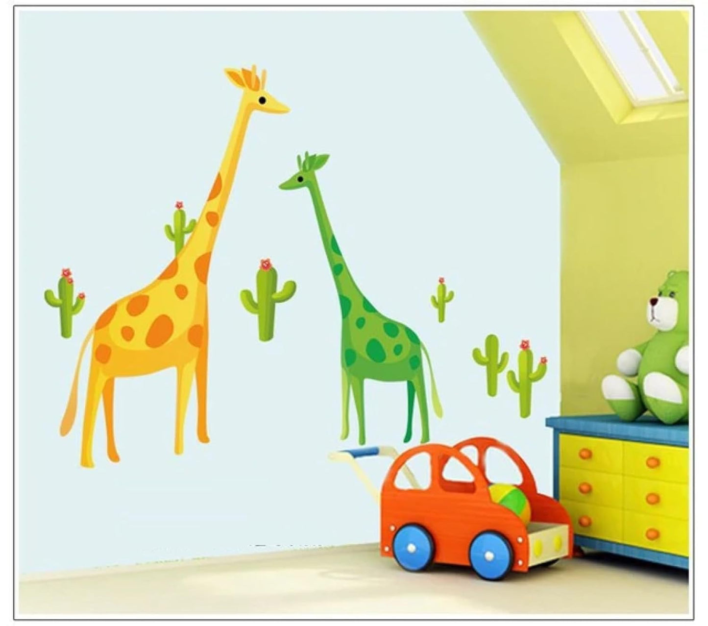 Ay7035 Colourful Green Yellow Giraffe Friends Cartoon Kids Self Adhesive Home Décor Wall Sticker
