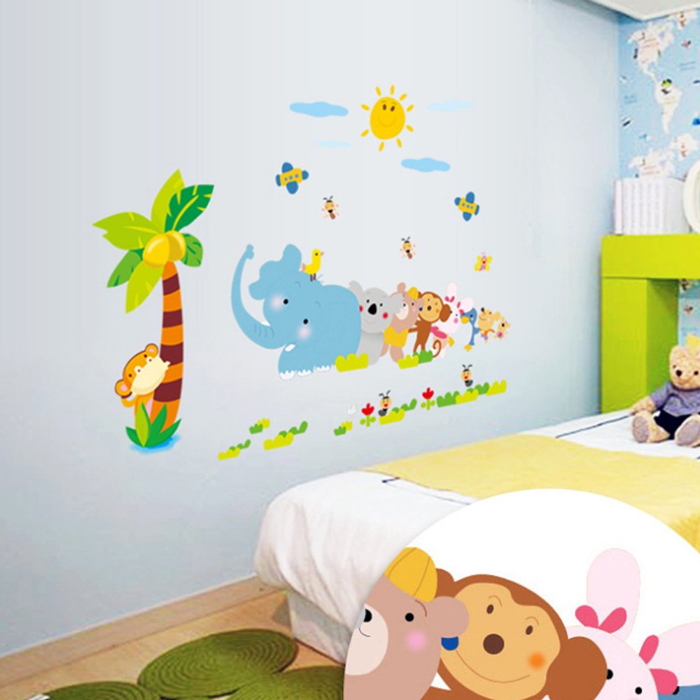 beautybuy Baby Boy's Elephant Birds Coconut Tree Monkey Flower Animals Wall Decal Ay9161