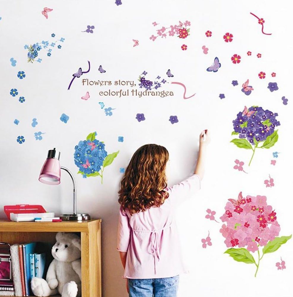 Xl7201 Wall Stickers Hydrangea Butterfly Flower Home Decor PVC Murals Wallpaper Home Art Living Room Adult Seniors Teenagers Kids Baby Bedroom Decoration