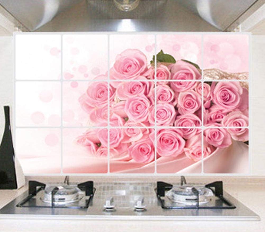 BIBITIME Pink Rose Kitchen Oil Proof Wall Stickers 17.72 inches x 27.56 inches Roses Flower